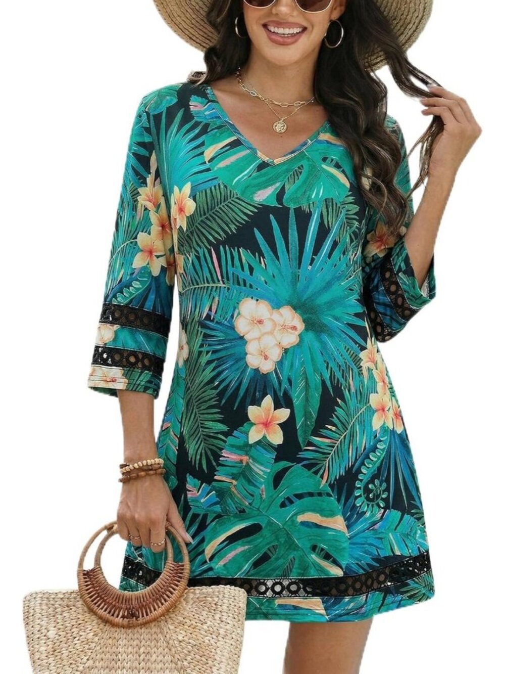 Women Green Polyester Coverup Beach Swimsuit Coverup Bathing Suit CoverUp Floral